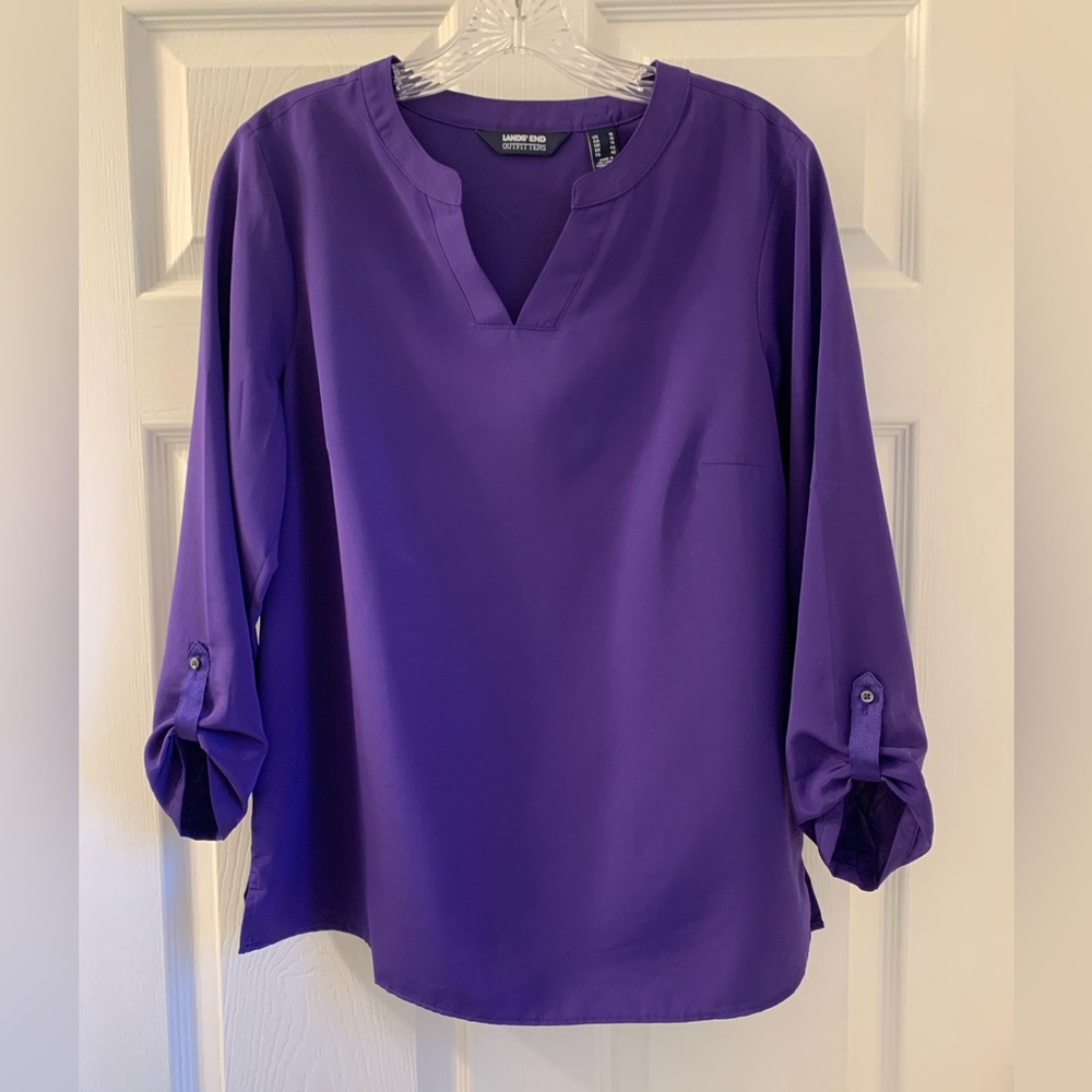 Lands' End Women's Purple Blouse with flattering V-neck and 3/4 length sleeves